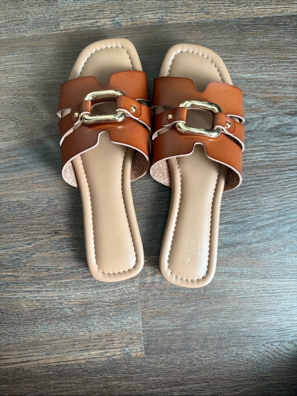 Time and Tru Brown Slide Sandals with Gold Buckle